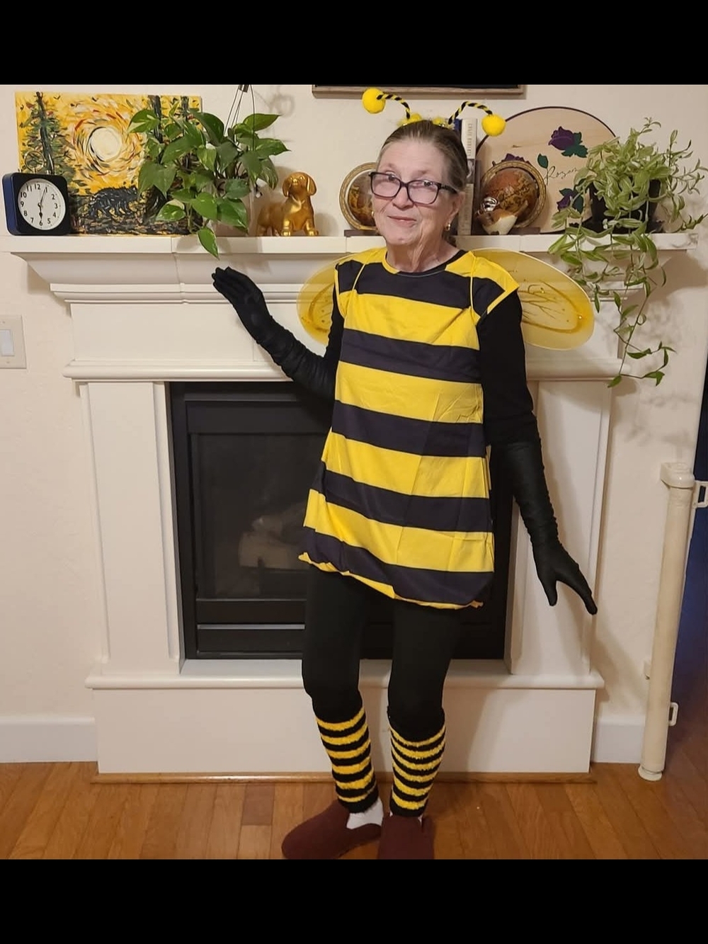 Women's Yellow and Black Bee Costume Tunic with Wings Gloves Leggings Antennae